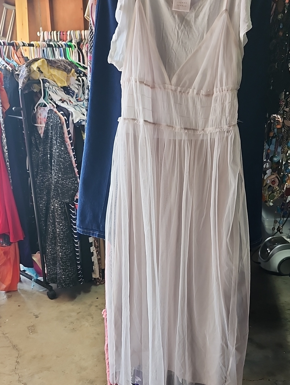 LC Lauren Conrad Light Cream Sheer Maxi Dress Lined